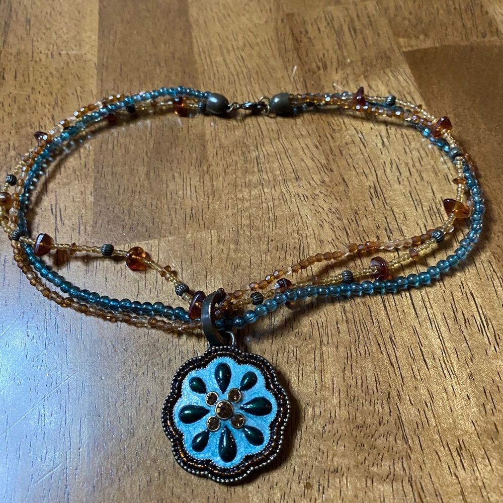 Blue pendant beaded multi strand chain 16”
